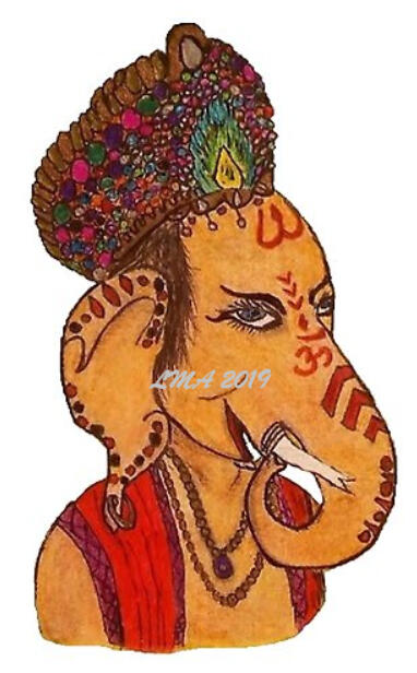 Ganesha - Hand drawn in pencil and colored with gel pens, colored pencils, acrylic markers and water-colors